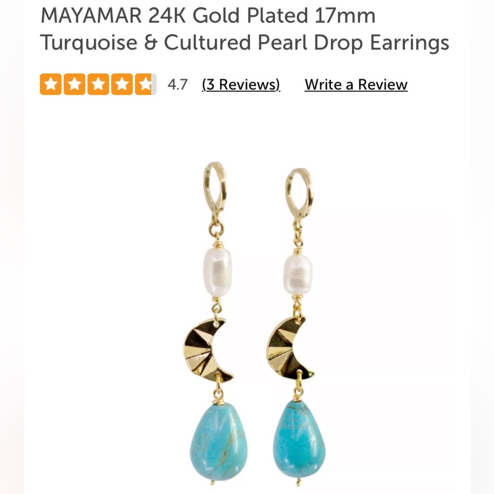 NWT MAYAMAR 24K Gold Plated 17mm Turquoise & Cultured Pearl Moon Drop Earrings